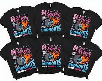 Bows or Burnouts Gender Reveal shirt, racewagen vs lint onthullend T-shirt, team roze of blauwe familiezwangerschapsaankondiging