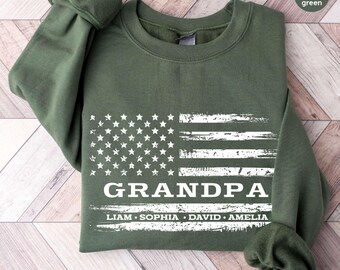 Aangepast shirt voor opa of oma – T-shirt, hoodie of sweater met Amerikaanse vlag met de namen van de kleinkinderen