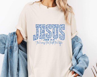 Floral Jesus John 14:6 Comfort Colors T-Shirt, Christian Bible Verse Tee