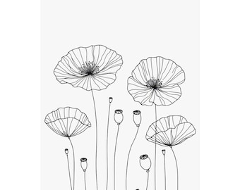 Minimalist Poppy Flower Line Art Print: Black & White Botanical Illustration