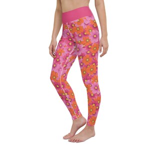 Floral Yoga Leggings: Pink and Yellow Flower Print, Athletic Wear