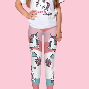 Unicorn Leggings For Girls Fantasy Kids Birthday Party Outfit Pastel Rainbow Striped Unicorn And Clouds Children&#39;s Dance And Play Leggings