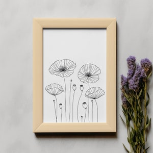 Decoração de parede PNG de flores de papoula Desenho de linha para impressão digital Impressão para download - Pôster monocromático preto e branco de 11x16 Presentes de aniversário