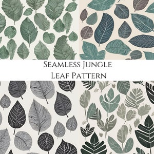 Puede incluir: Cuatro patrones sin costuras que presentan diferentes estilos de hojas verdes y grises sobre un fondo crema. El texto "Seamless Jungle Leaf Pattern" se muestra en el centro de la imagen.