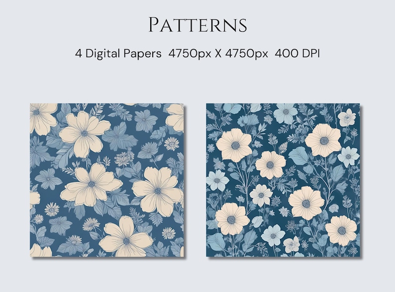 Blue Flower Pattern Printable Paper Set of 4, 6x6 Prints Flower ...