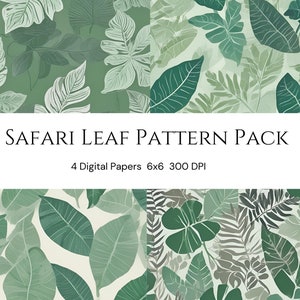 Puede incluir: Un paquete de papel digital con cuatro patrones sin costuras que presentan hojas verdes sobre un fondo blanco. El texto "SAFARI LEAF PATTERN PACK" y "4 Digital Papers 6x6 300 DPI" se muestra en una pancarta blanca.
