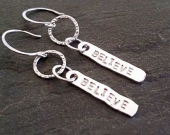 Believe Earrings,Silver Earrings,Customizable Earrings,Charm Earrings,Custom Name Earrings,Custom Charm Earrings,Hypoallergenic Earrings