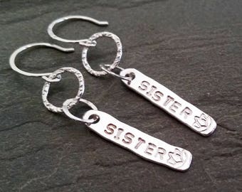 Sister Earrings,Silver Earrings,Customizable Earrings,Charm Earrings,Custom Name Earrings,Custom Charm Earrings,Hypoallergenic Earrings