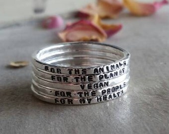 Vegan Ring Stack,Why I'm Vegan,Vegan Jewelry,Vegan Rings,Vegan Accessories,Hypoallergenic Rings,Silver Stacking Rings,Vegan Stamped Ring