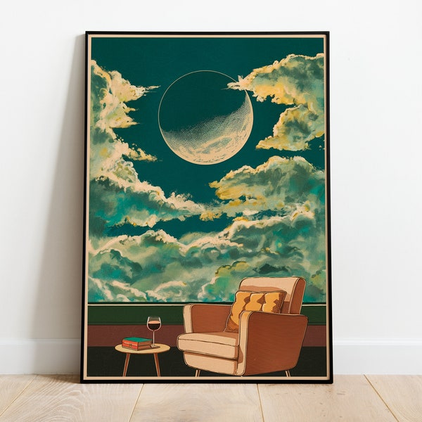 Couch In Moon Scene | Original Wall Art | Printable Digital | Watercolor Gift | Elegant | Antique | Wine Corner | Office | Home Decor | Sky