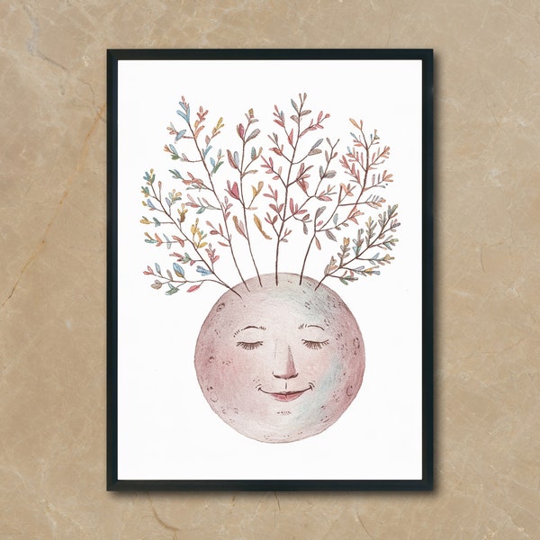 Vintage Moon with Flowers | Original Wall Art | Printable Digital | Watercolor Gift | Minimalist | Elegant | Antique | Office | Home Decor