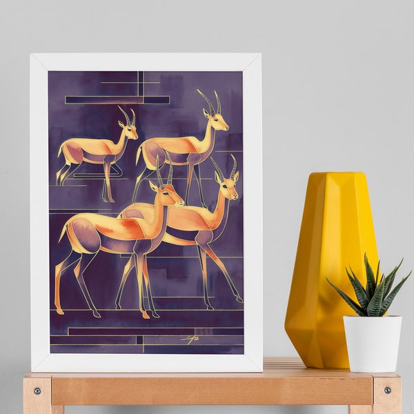 Gazelles on Purple | Original Wall Art | Printable Digital | Watercolor Gift | Abstract | Modernism | Home, Office Decor | Printable Digital