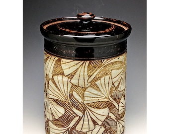 4 Piece Canister Set Ash Glazed Ginkgo Design with Black/Brown Top and Interior - Made to Order.