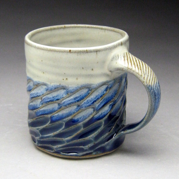 Blue & White Coffee Mug- Carved Stoneware - Made To Order