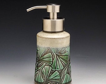 Foaming Soap Dispenser, With Green Ginkgo Leaf Design  Stainless  Steel Dispenser Pump. "Made to Order"