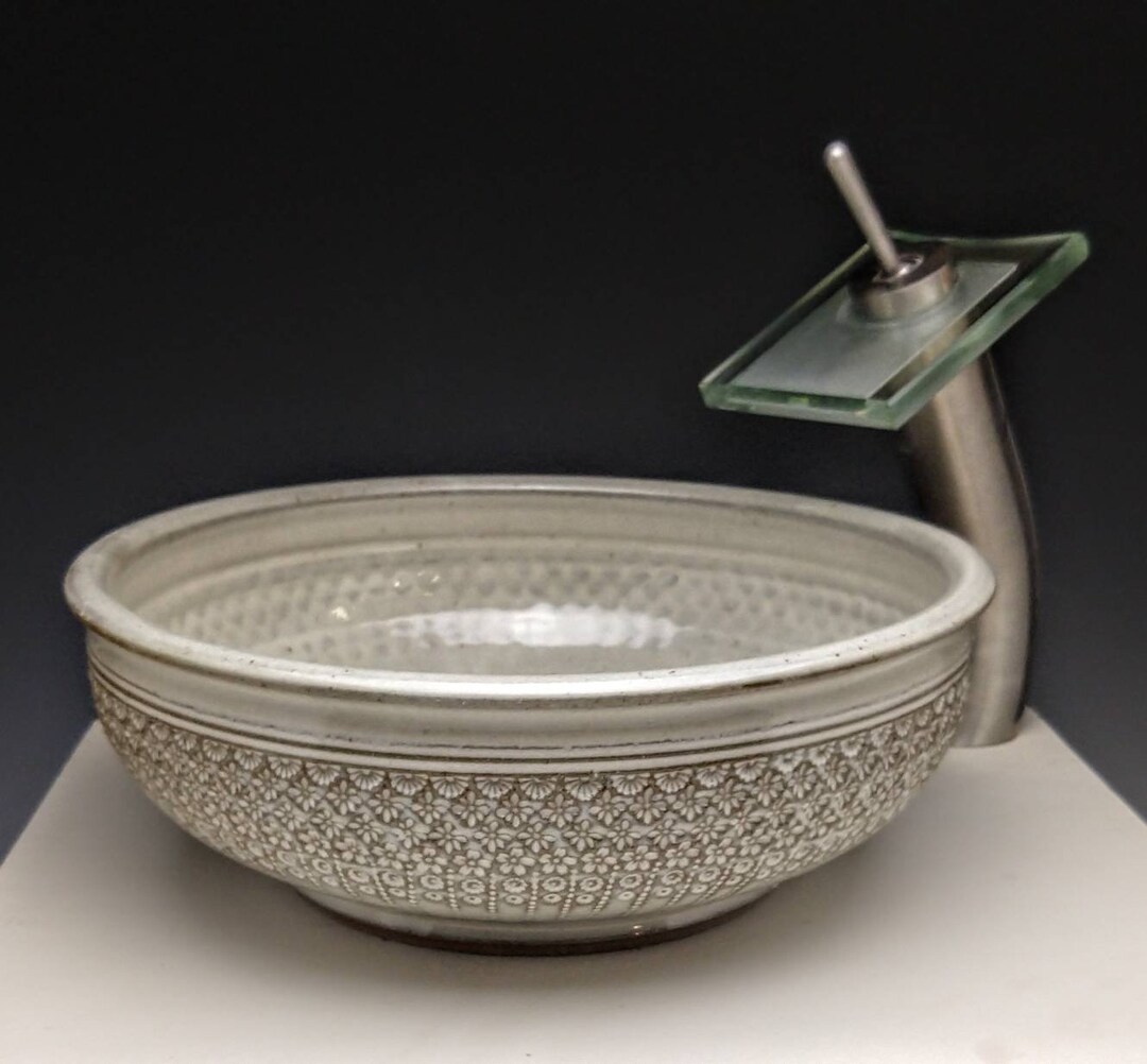 Porcelain Handmade Pottery Vessel Sink With Mishima Stamped Design