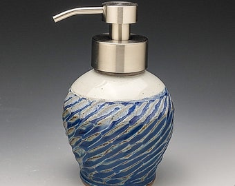 Gloss Blue & White Foaming Soap Dispenser,  Short Design, Stainless Steel Dispenser Pump. "Made to Order"