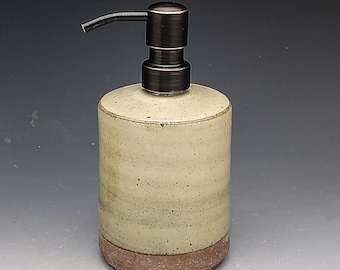 Liquid Soap Dispenser, Off-White  Unglazed Brown Clay Bottom Boarder W/ your choice of  Stainless Dispenser Pump Finish"Made to Order"