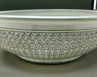 Handmade Pottery Vessel Sinks Mishima Stamped Design, White Glaze with Gray & Brown Highlites - Made to Order