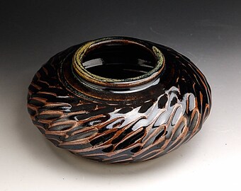 6" Orbe Ikebana Vase Black/Brown with highlights- Carved Design "Made To Order "