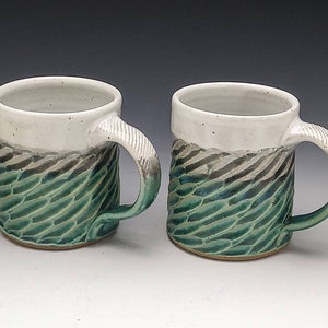 Aqua & White Coffee Mug- Carved Stoneware - Made To Order