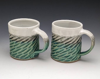 Aqua & White Coffee Mug- Carved Stoneware - Made To Order