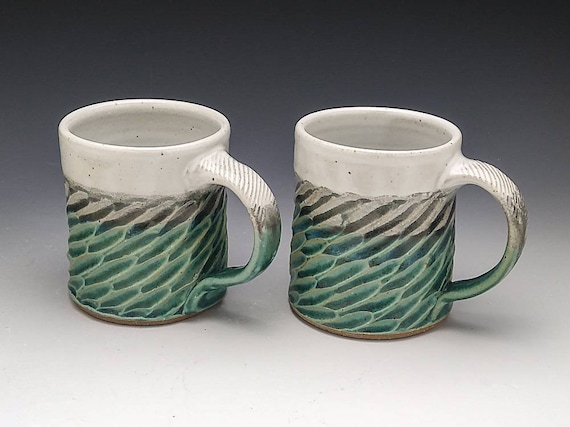 Aqua & White Coffee Mug- Carved Stoneware - Made To Order