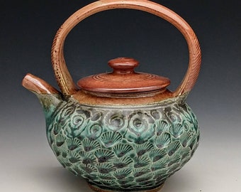 Contemporary Design Teapot - Shino & Aqua Glazed with Seashell Textured Design "Made to Order"