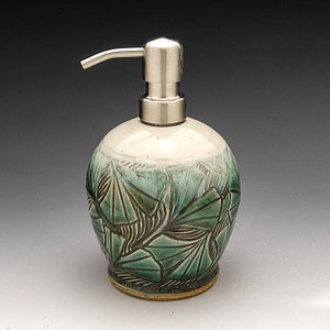 Liquid Soap / Lotion Dispenser, Green Ginkgo Leaf Design  Stainless  Steel Dispenser Pump. &quot;Made to Order&quot;