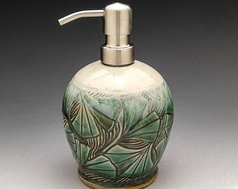 Liquid Soap / Lotion Dispenser, Green Ginkgo Leaf Design  Stainless  Steel Dispenser Pump. "Made to Order"