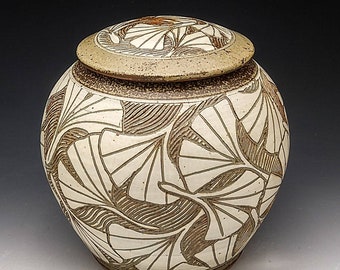 Lidded Funerary Urn with Ginkgo Design - Made to Order