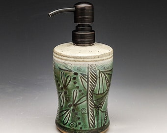 Liquid Soap Dispenser, With Dragonfly & Green Ginkgo Leaf Design  Stainless  Steel Dispenser Pump. "Ready to Ship"