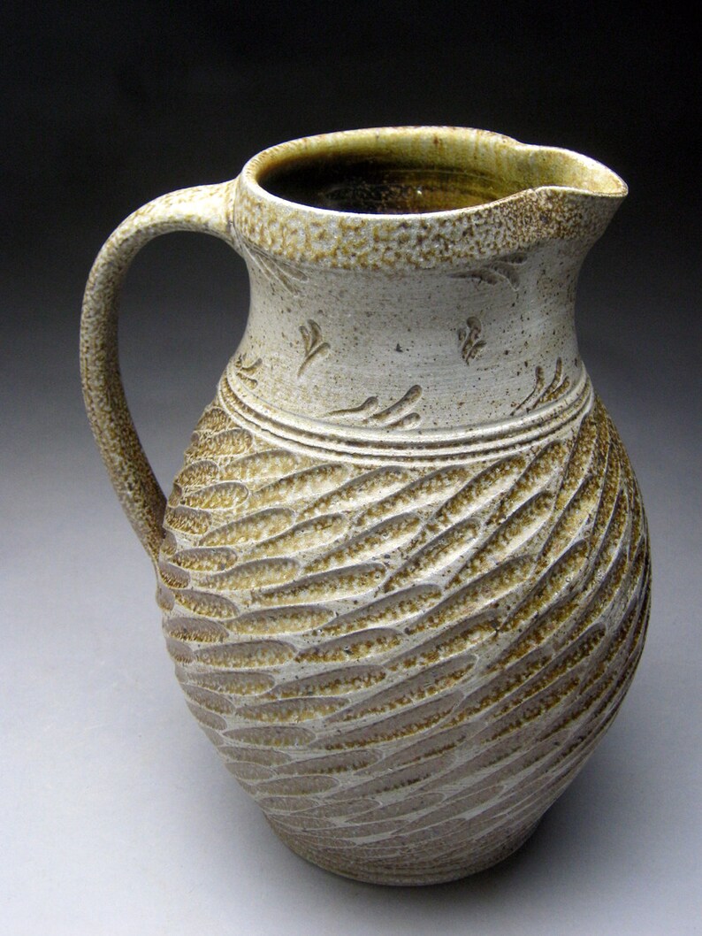 Woodfired Salt Glazed Pitcher with Carved Designs Etsy