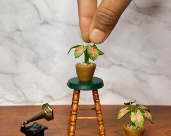 Handgemaakte miniatuur caladiumplant – poppenhuisdecor op schaal 1/12