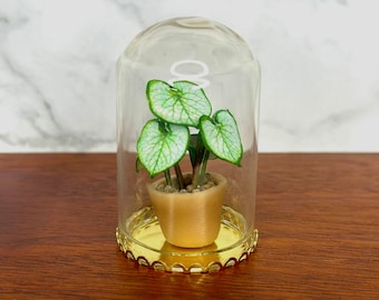 Handgemaakte miniatuur Brunnera-plant in stolp, poppenhuisdecor 1:12