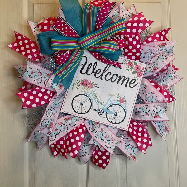 Bicycle Ribbon Wreath with Wood Welcome Sign, Handcrafted Door Decor, Spring Wreath, Spring Bicycle Wreath, Summer Wreath