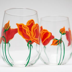 California Poppy Stemless Wine Glasses Hand Painted Gifts for Her, Mothers Day Glassware, Orange Flower Floral Glass image 3