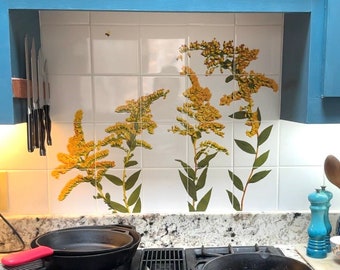 Large Goldenrod  30 x 30 inch Ceramic Tile Backsplash, Floral Home Decor - Pressed Flowers Wall Mural on 6 x 6 inch White All Weather Tiles