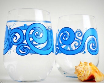 Ocean Waves Stemless Wine Glasses - Beach Themed Glassware Gifts, Beach Wedding Party Decor