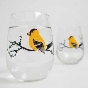 Yellow Finch Glasses - Set of 2 Hand Painted Stemless Glasses, Mothers Day Gift, Mother&#39;s Day, Summer Trees, Golden Finch, Yellow Birds