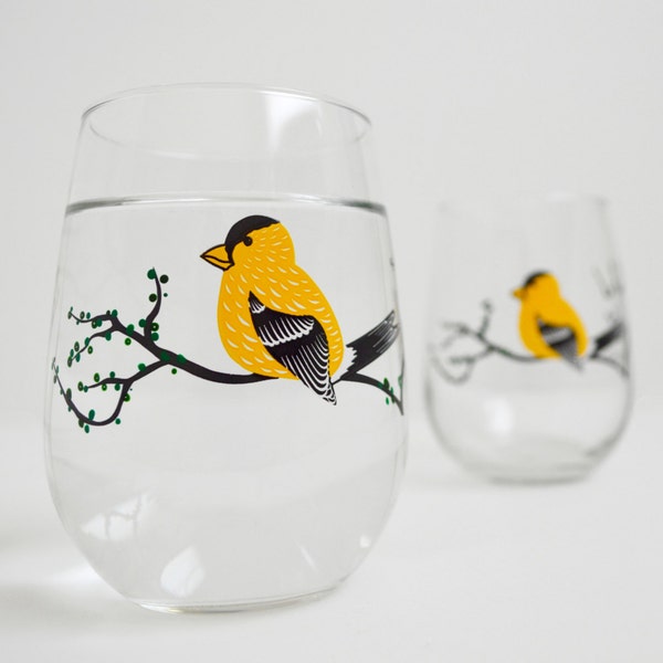 Yellow Finch Glasses - Set of 2 Hand Painted Stemless Glasses, Mothers Day Gift, Mother's Day, Summer Trees, Golden Finch, Yellow Birds