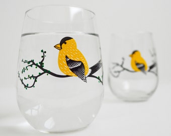 Yellow Finch Glasses - Set of 2 Hand Painted Stemless Glasses, Mothers Day Gift, Mother's Day, Summer Trees, Golden Finch, Yellow Birds