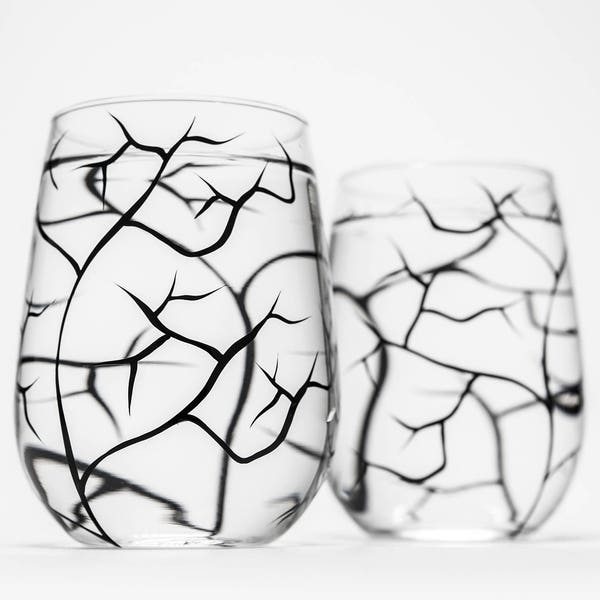 Bare Branches, Winter Tree Branch Stemless Wine Glasses - Set of 2 Hand Painted Glasses - Black Winter Trees, Fathers Day Gift, Gift for Him