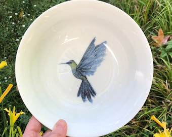 Hummingbird Porcelain Bowl - Bird Themed White Serving Bowl