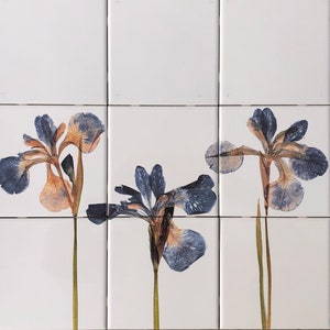 May include: Three blue and orange iris flowers are printed on a set of white ceramic tiles. The tiles are arranged in a 3x3 grid.