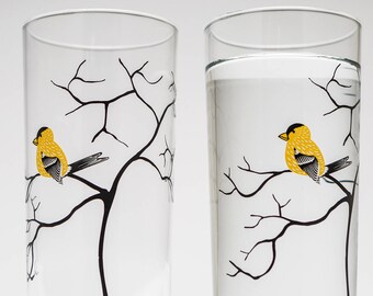 Finch Glassware - Set of 2 Everyday Drinking Glasses, Mother's Day Gift, Golden Finch, Tabletop, Mother's Day, Gifts for her, Yellow Finch