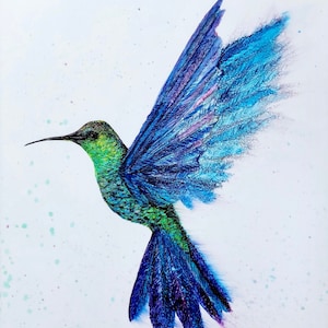 Hummingbird in Flight Art Print: Alcohol Ink Painting