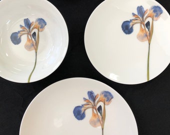 Pressed Iris plates, floral decor, pressed flower plates, hostess gift, artist plates, decorative porcelain plates, Irises