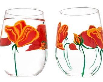 California Poppy Stemless Wine Glasses - Hand Painted Gifts for Her, Mothers Day Glassware, Orange Flower Floral Glass