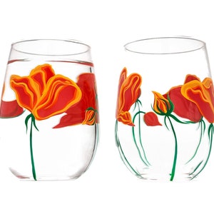 California Poppy Stemless Wine Glasses Hand Painted Gifts for Her, Mothers Day Glassware, Orange Flower Floral Glass image 1